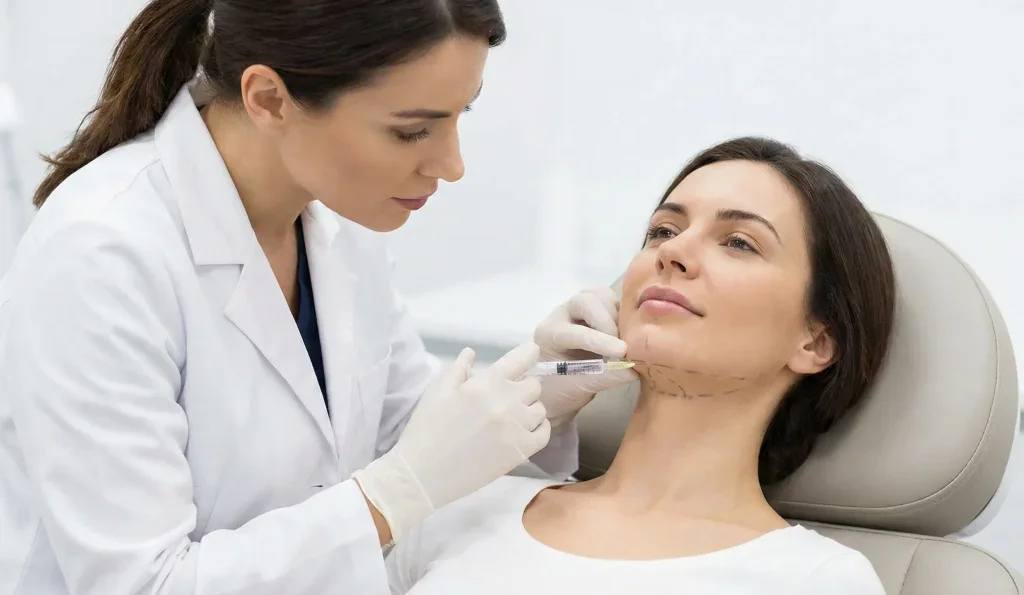 doctor injecting fat dissolving solution under chin