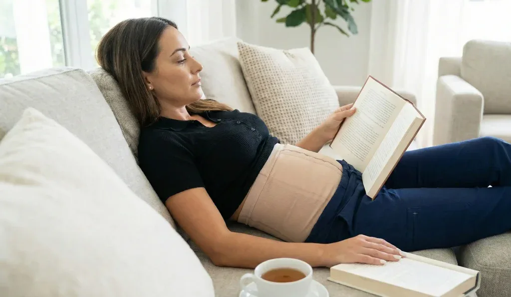 paziente post-liposuzione con indumento di compressione a casa