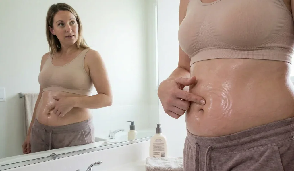 Postoperative Patientin überprüft Wasserbett-Wellenmuster im Spiegel