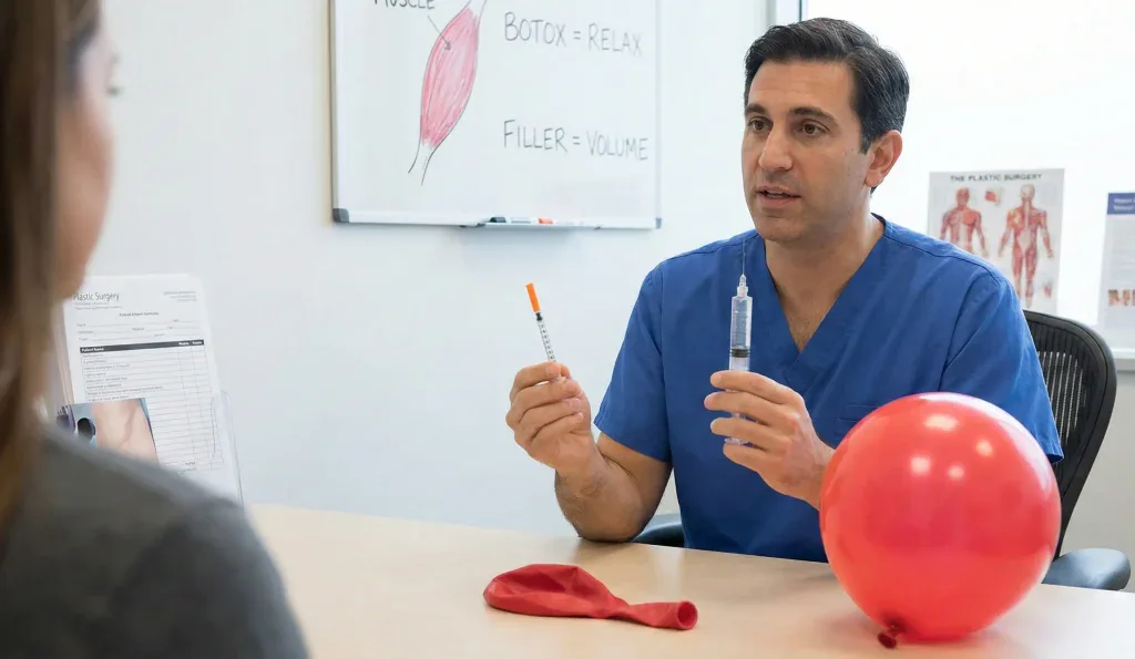 surgeon explaining balloon analogy botox vs filler