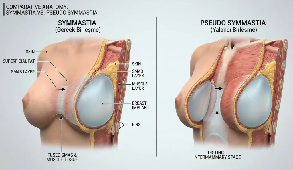 Modello anatomico 3D confronto tra symmastia vera e pseudo