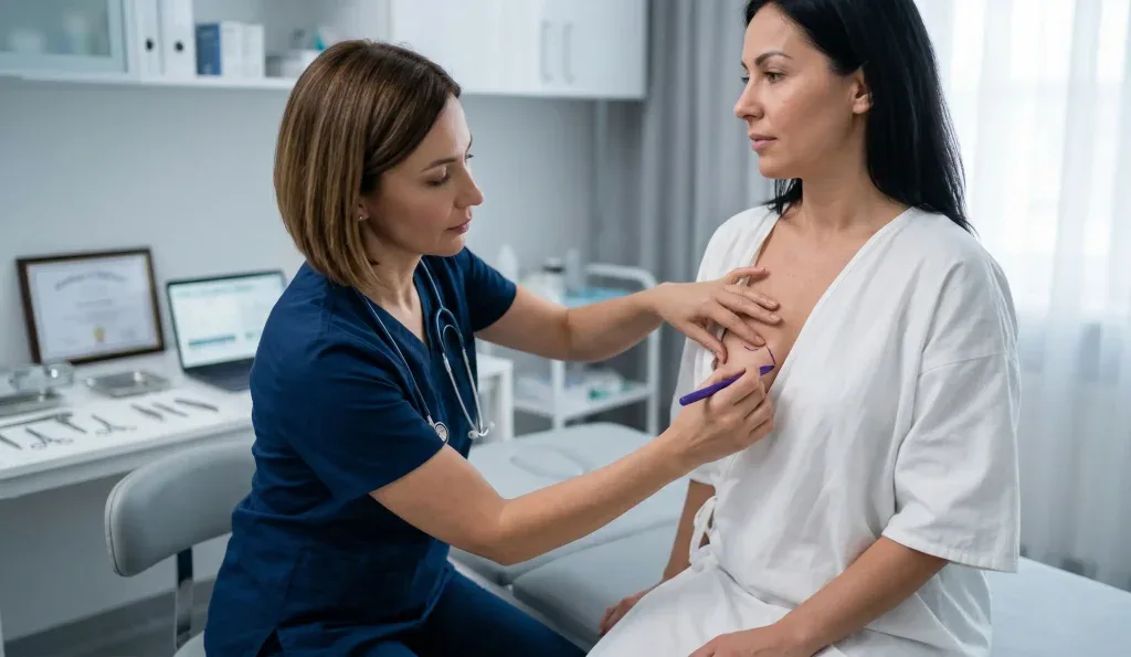 Bruststraffungsberatung Arzt markiert Patient