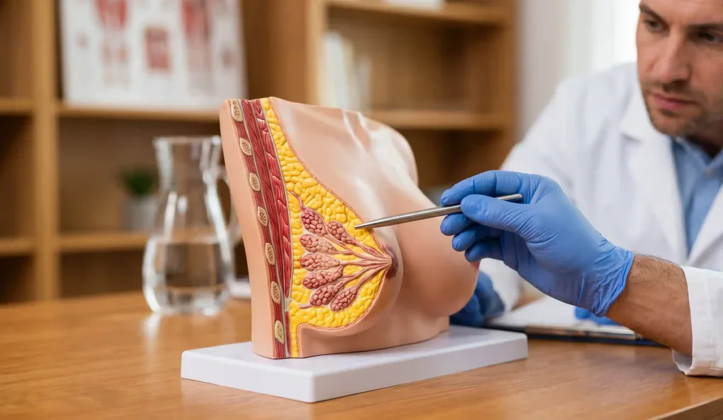 modello anatomico 3d del seno femminile medico che indica il grasso sottocutaneo