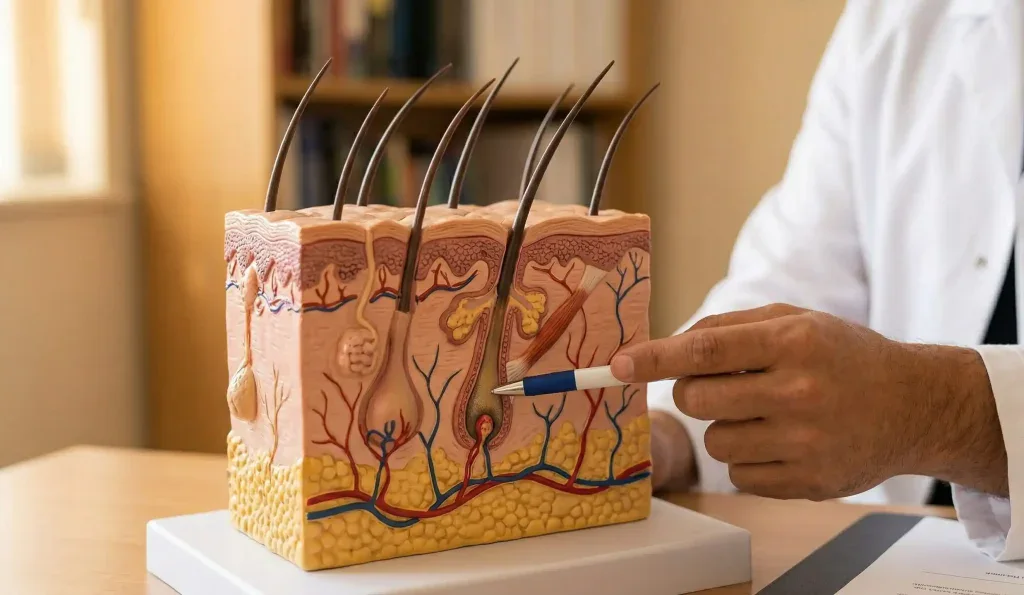 modello anatomico sezione trasversale del cuoio capelluto struttura follicolare rete vascolare