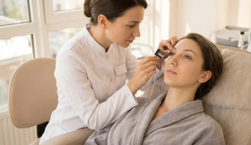 doctor examining patients eyelashes for lift