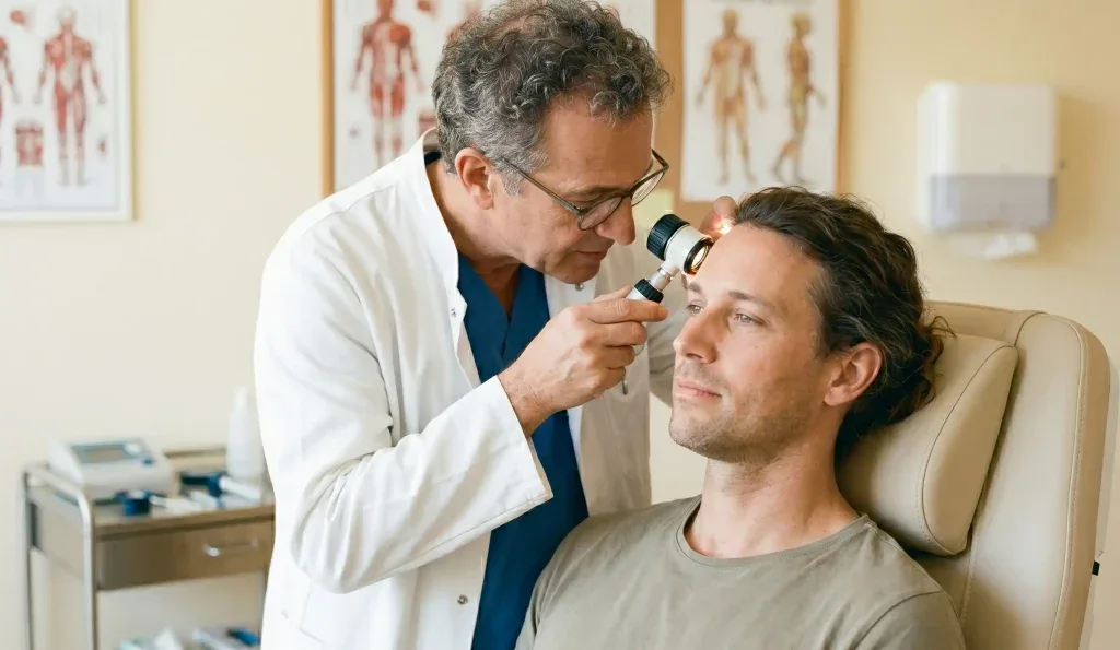 medico esaminando il cuoio capelluto con tricoscopio