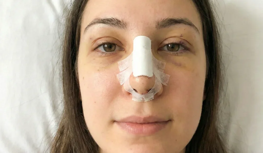 rinoplasti erken iyileşme hastası splint ve bantlarla doğal fotoğraf