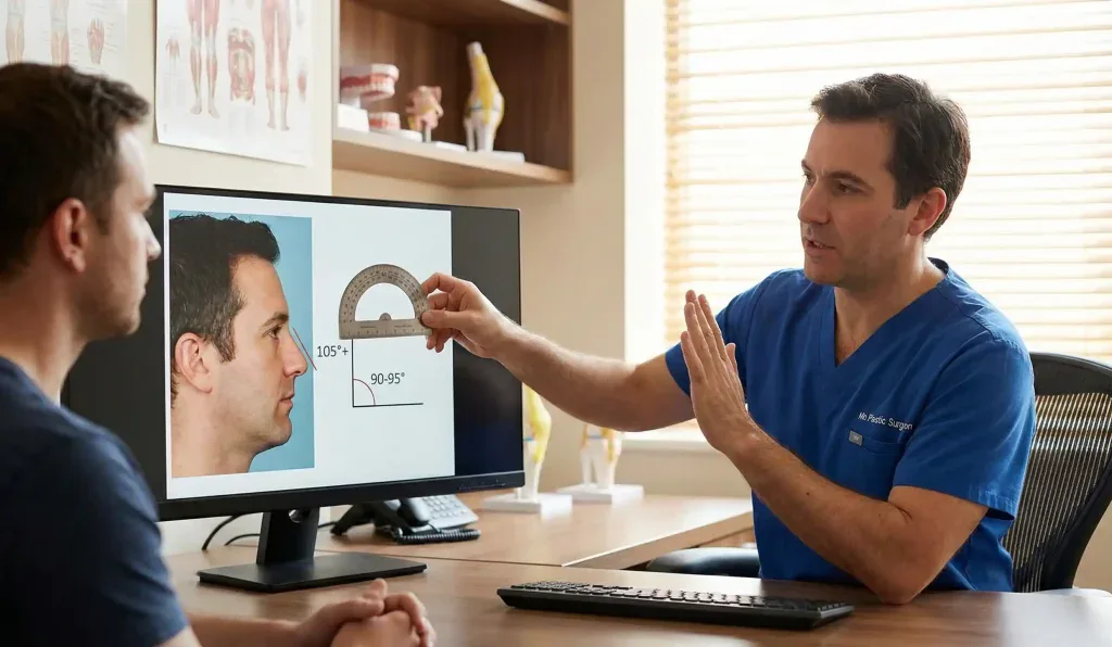 Chirurg misst Nasolabialwinkel bei m&auml;nnlicher Rhinoplastik