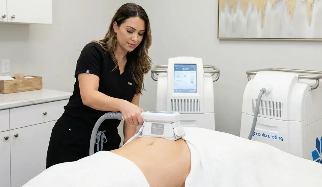 tecnico che applica dispositivo CoolSculpting sull'addome del paziente in clinica