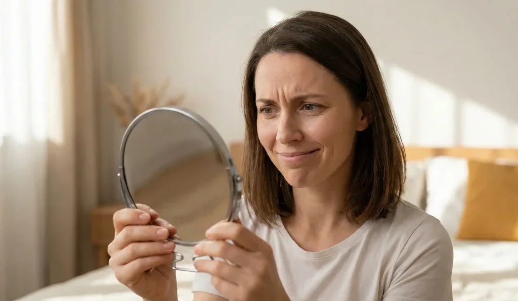 woman attempting frown mirror muscle atrophy