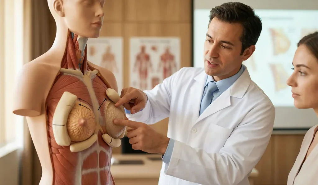 modello anatomico di impianto mammario spiegato dal medico