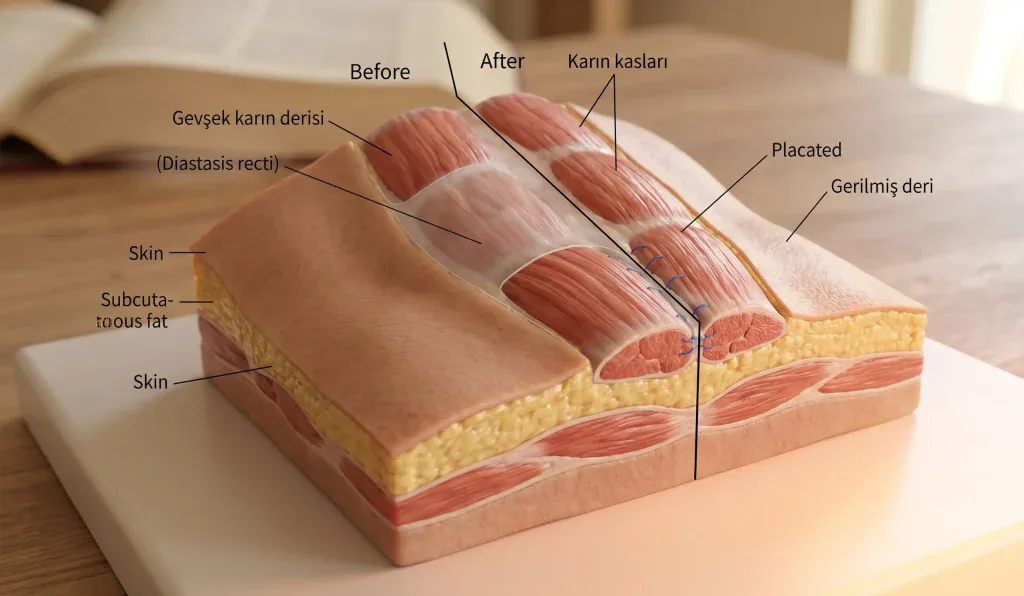 model 3D al anatomiei umane arăt&acirc;nd procedura de tummy tuck pe abdomen