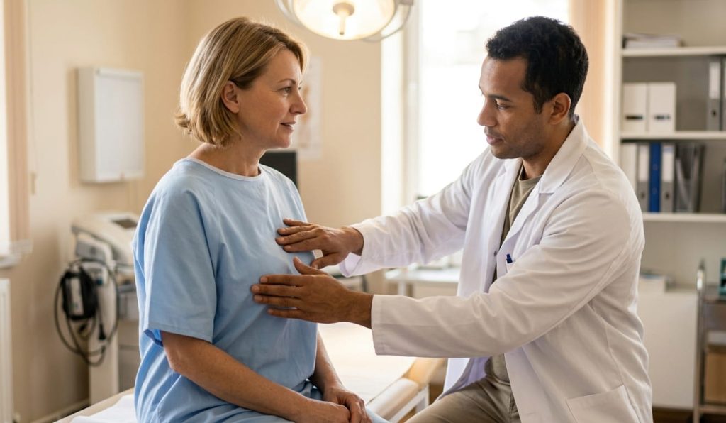 esame clinico del medico che palpando gli impianti dopo operazione