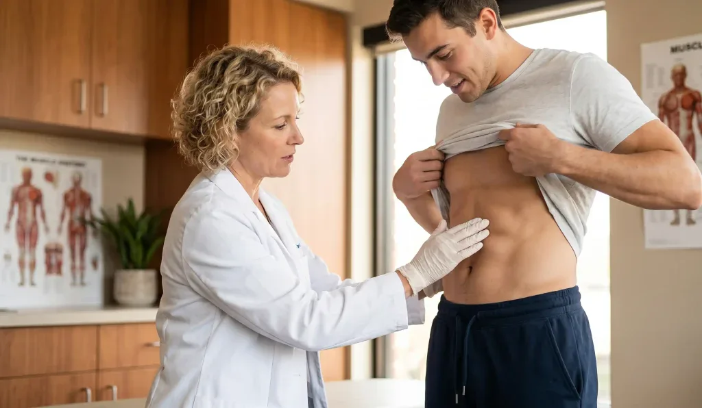 femeie doctor examin&acirc;nd abdomenul unui pacient de sex masculin