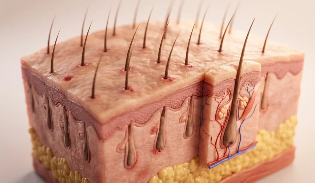 model 3D realist care arată straturile scalpului și grefele de păr în vindecare