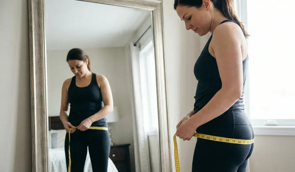 woman measuring hips mirror athletic wear