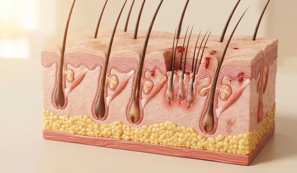 Anatomisches Modellquerschnitt der Kopfhaut bei Haartransplantation