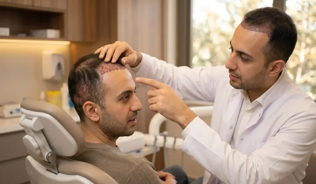 Arzt &uuml;berpr&uuml;ft und zeigt auf Kopfhaut bei Haartransplantation
