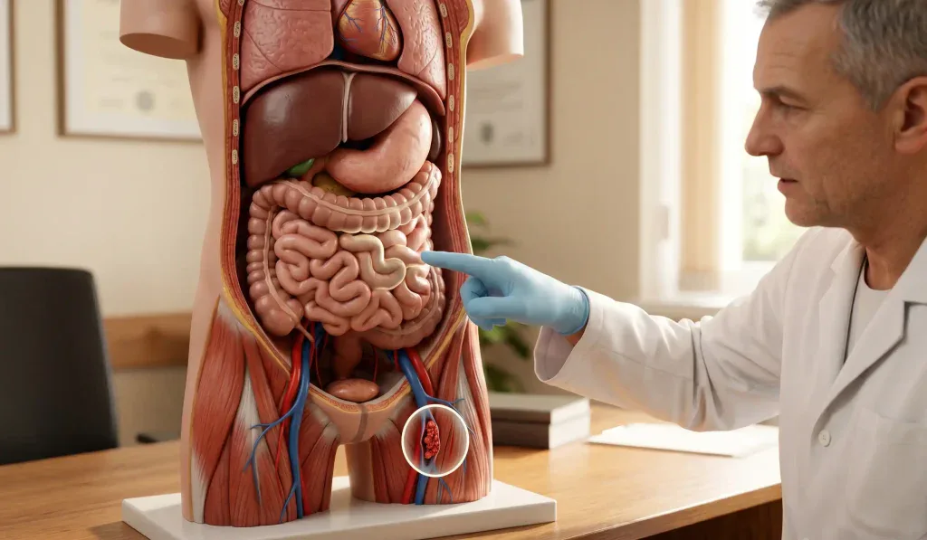 Arzt zeigt auf anatomisches Modell zur Erklärung von Flugsicherheitsrisiken nach Operationen