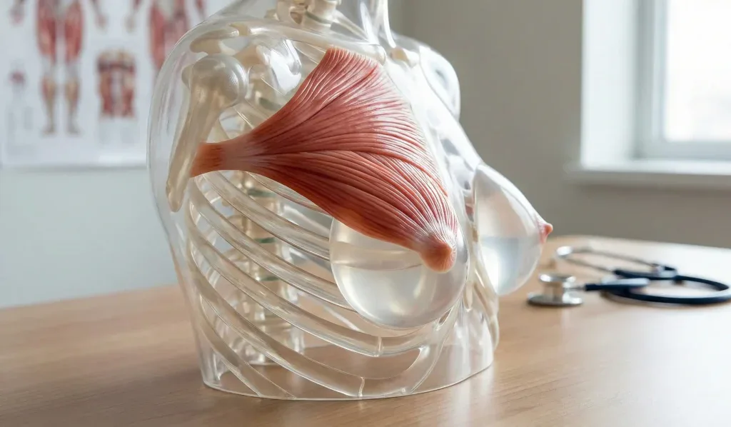 anatomik model showing pectoralis muscle holding implant