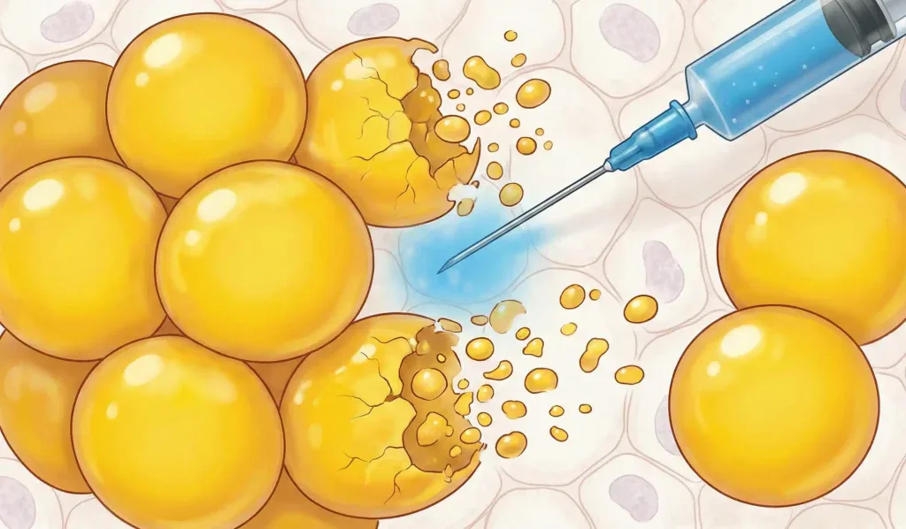 medical illustration of fat cells breaking down after injection