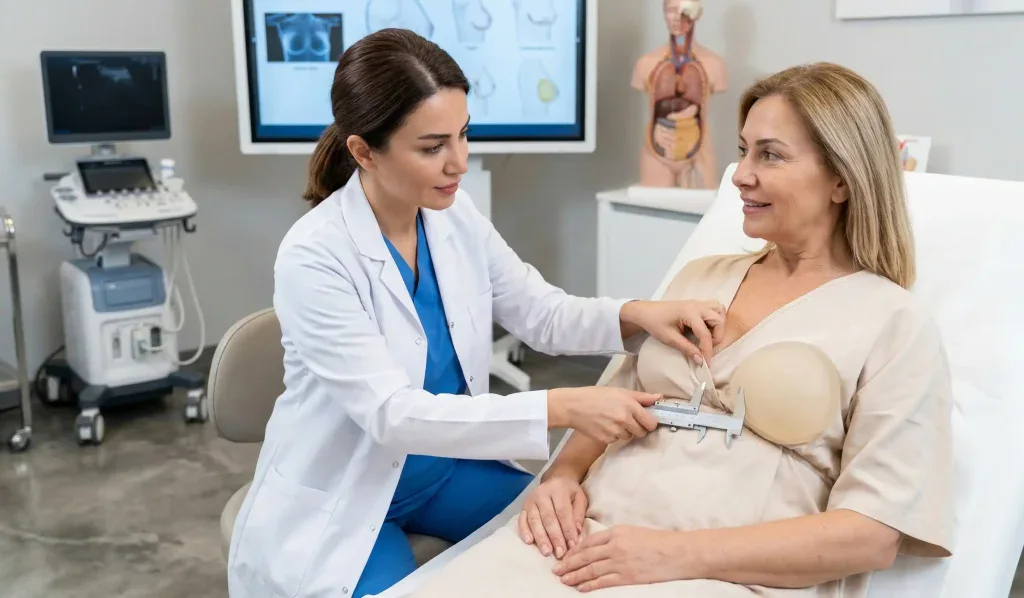 clinical breast implant examination 60 year old patient