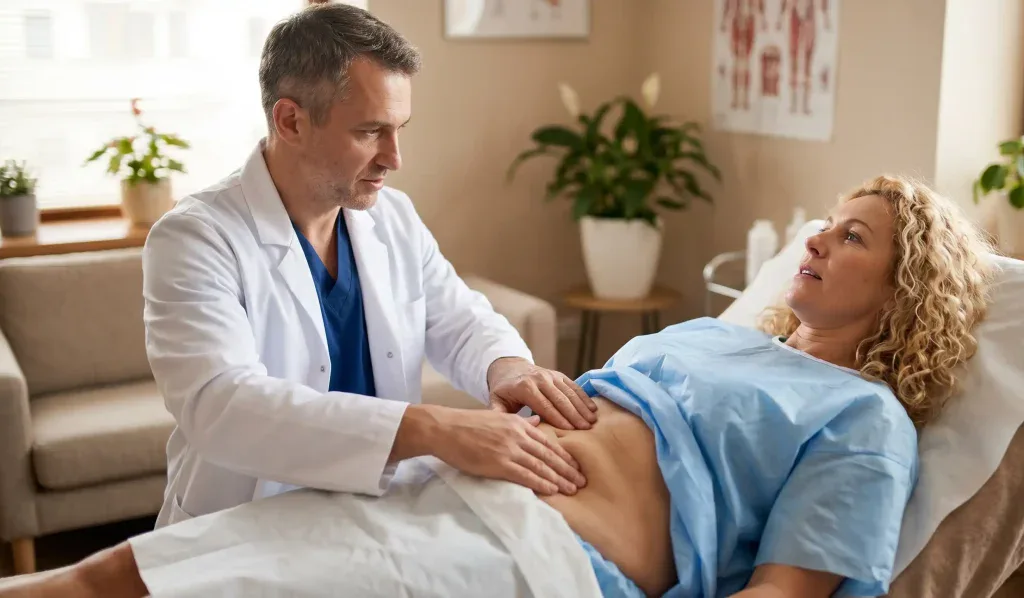 doktor muayene sırasında hastanın abdominal gevşek cildi üzerinde palpasyon yapıyor