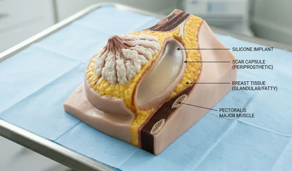 Model 3D anatomic al sânului cu cicatrice, capsulă și implant