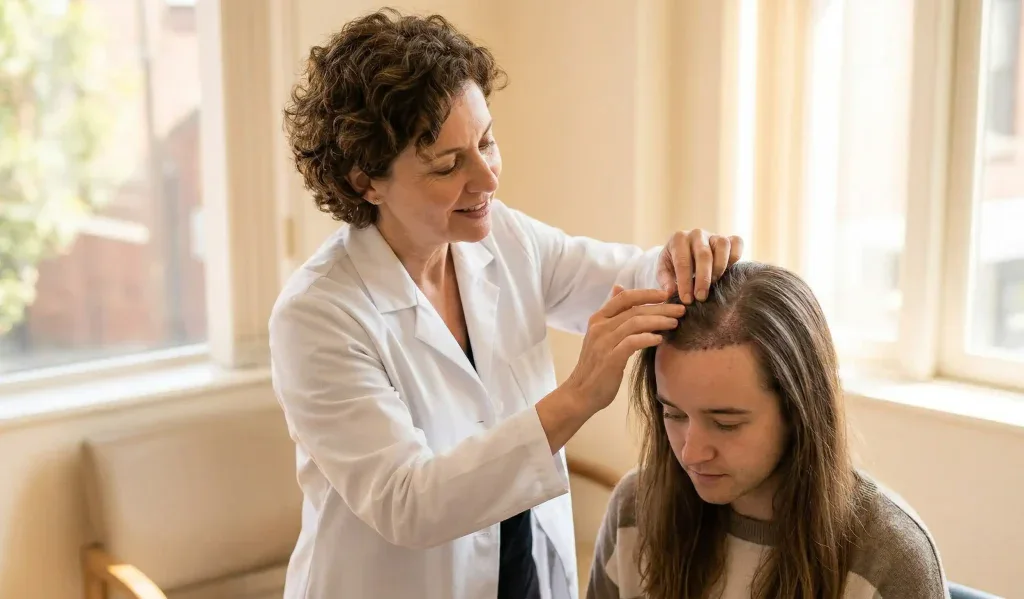 dottore dermatologo che ispeziona innesti di capelli sul cuoio capelluto