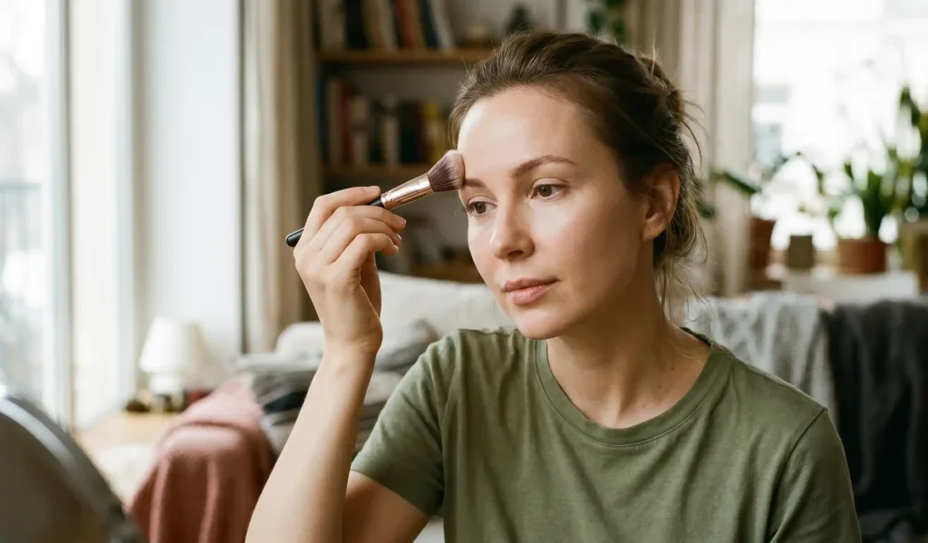 femeie aplic&acirc;nd machiaj frunții după botox