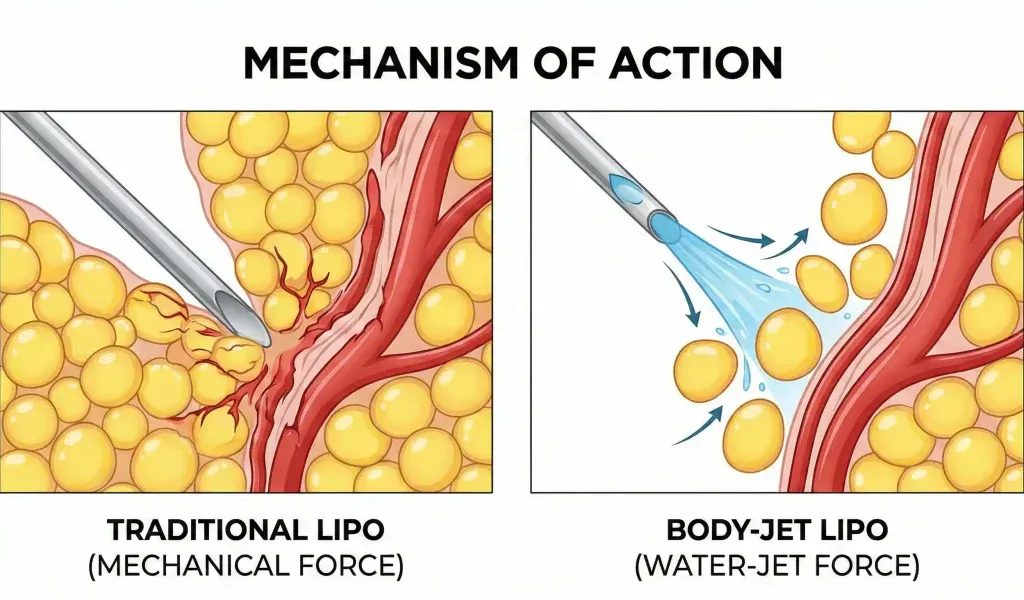 diagrama mecanismului de acțiune traditional vs liposucție assistată cu body jet