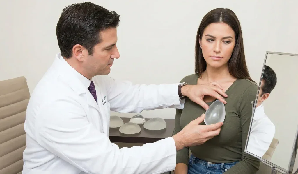 Plastischer Chirurg zeigt Patientin den Tropfeneinlage-Tester in Beratung