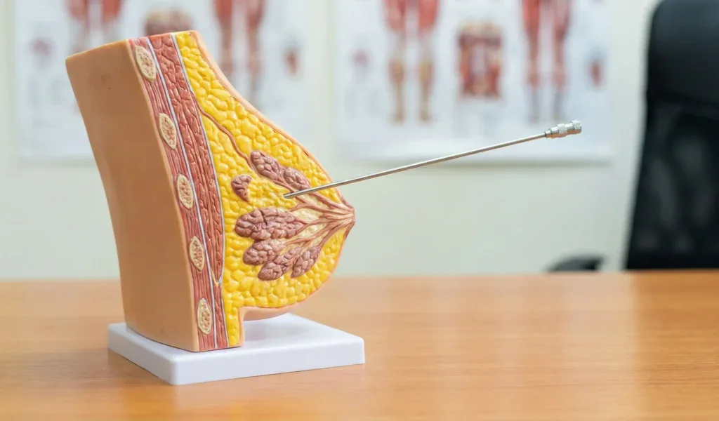 realistic breast model on desk showing liposuction cannula targeting fat tissue