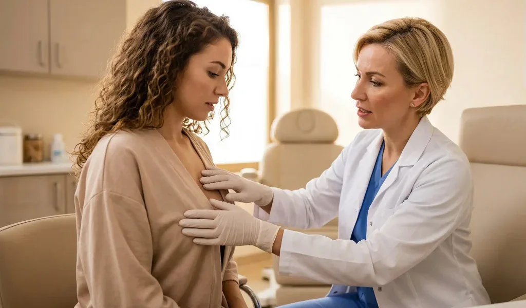 esame clinico di impianto mammario da parte del medico