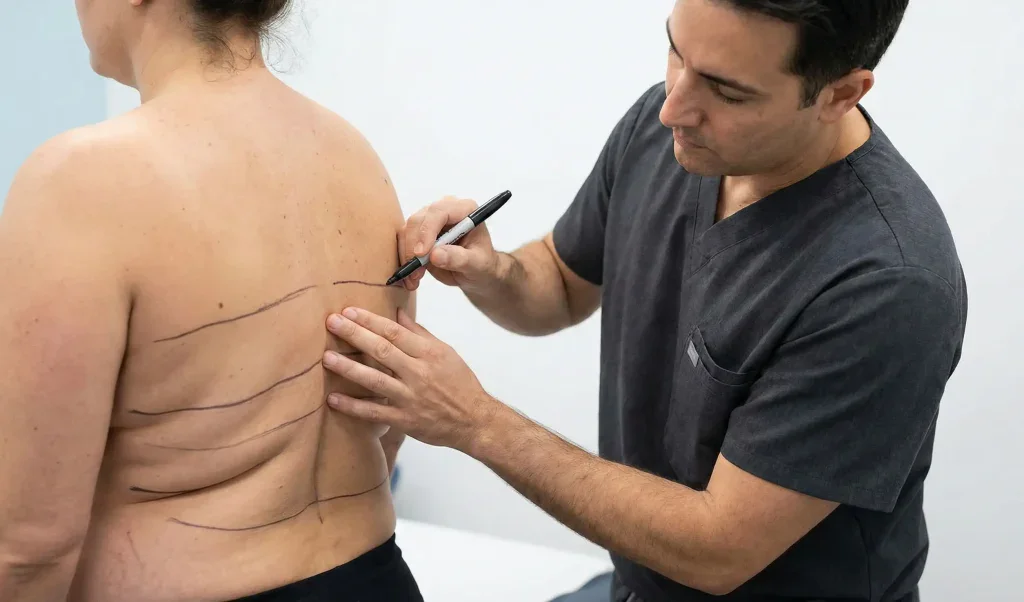  Plastischer Chirurg markiert R&uuml;ckenrollen f&uuml;r Liposuktions-Beratung