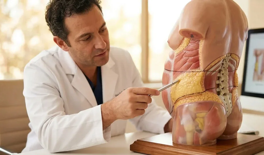 medico che indica il modello 3d del corpo con distribuzione del grasso per liposuzione anatomica 360