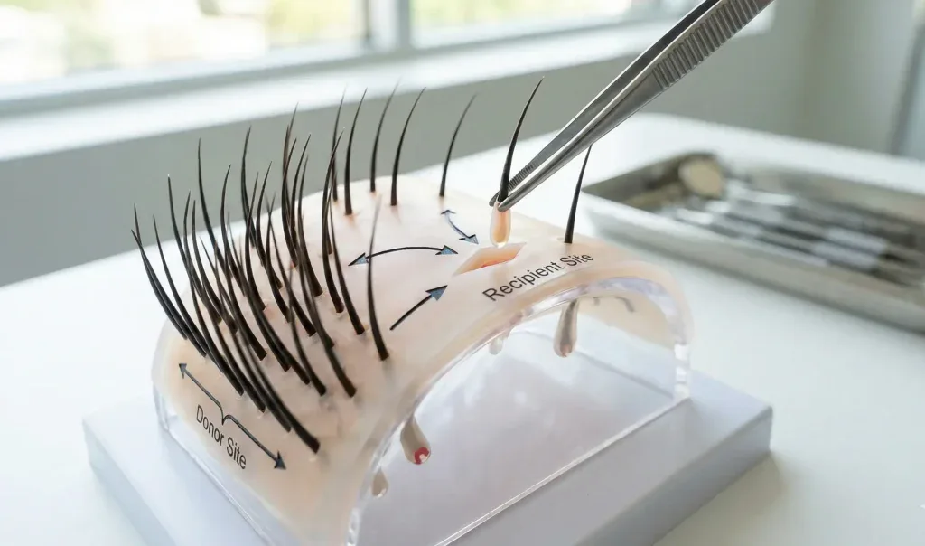 diagramă 3D a transplantului de păr, grefare de foliculi