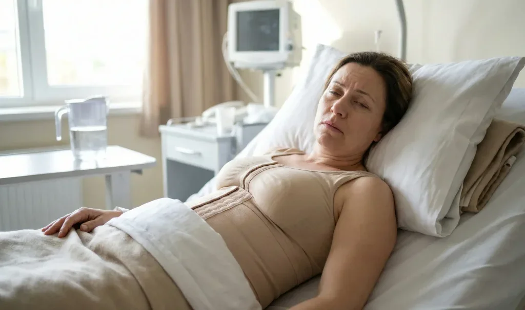 pacient odihnindu-se în cameră de recuperare, disconfort ușor