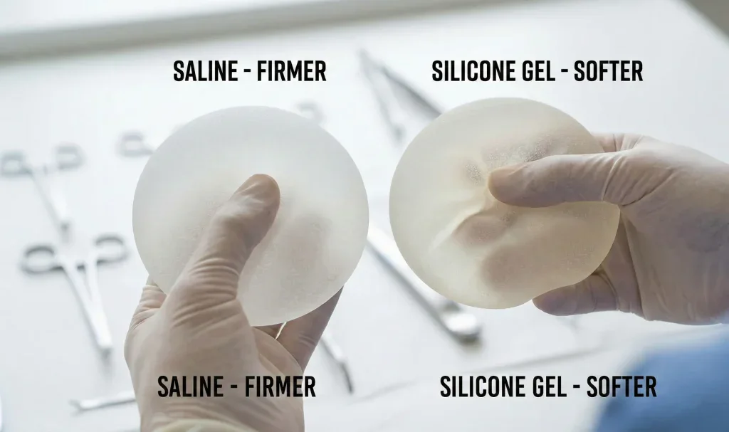 Visueller Vergleich der Festigkeit von Kochsalz- und Silikonimplantaten