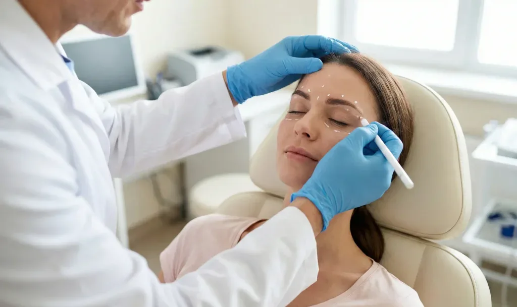 Arzt markiert Gesicht für Botox-Injektion