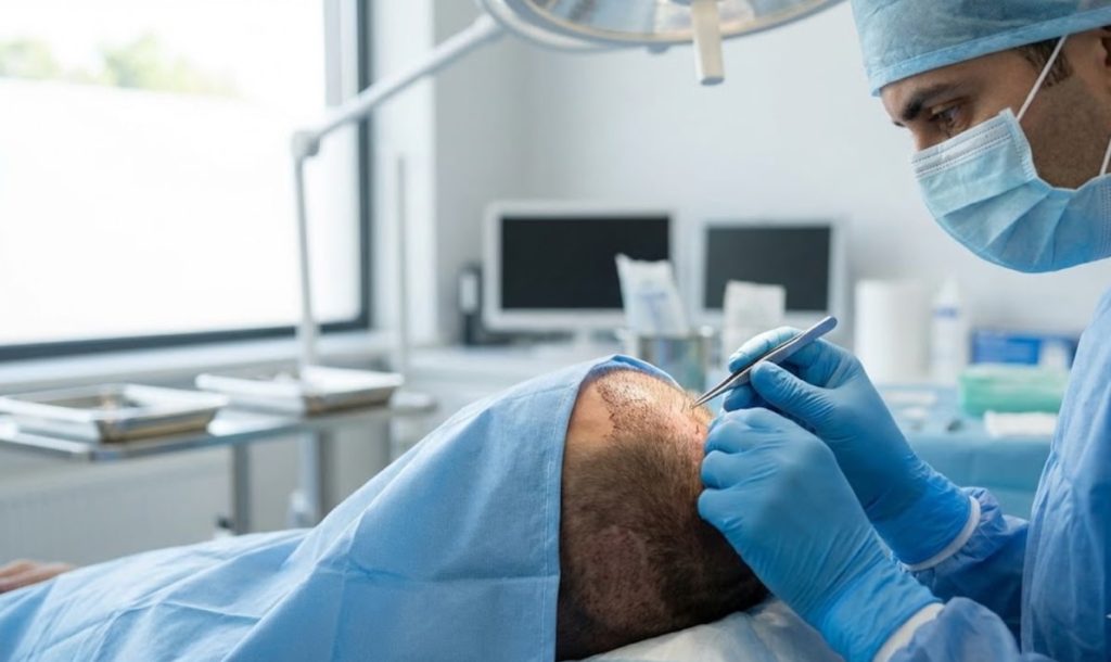 Haartransplantation, Seitenansicht, Platzierung der Follikel