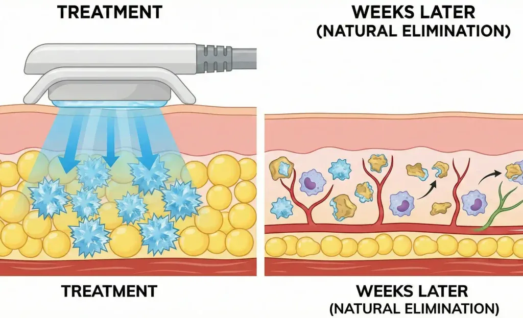 diagramma illustrativo medico del meccanismo di congelamento del grasso Cryolipolisi e sua eliminazione
