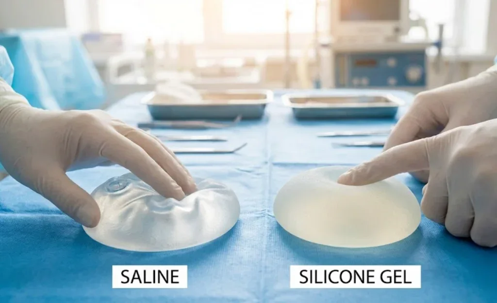 Vergleich der Textur von Salzwasser- und Silikonimplantaten