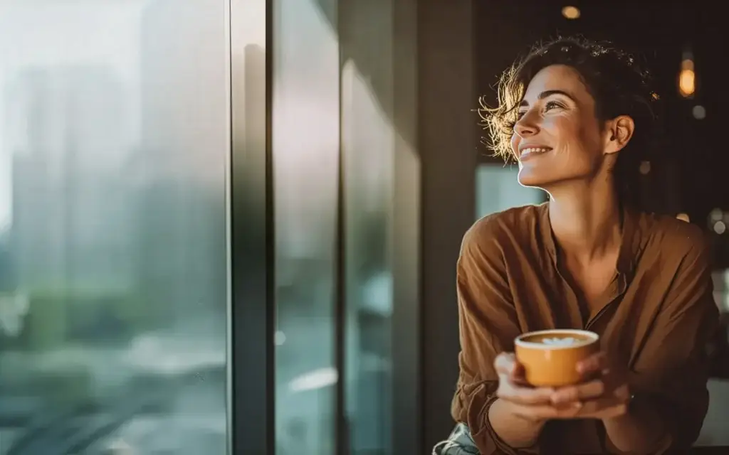 A woman smiling while holding a cup of coffee by a café window, bathed in warm sunlight.