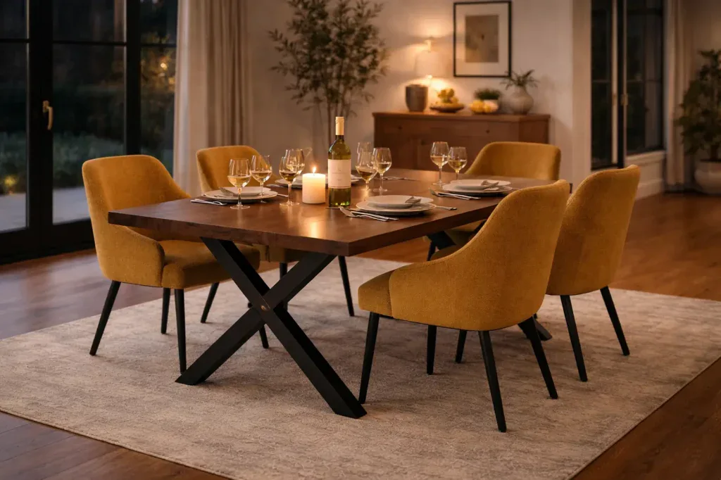 Modern walnut dining table with black X-shaped metal legs and mustard upholstered chairs in a warm contemporary dining room setting