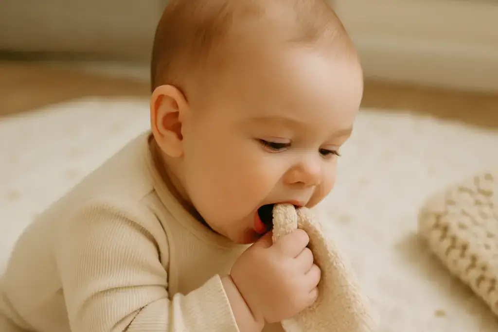 bambino che morde un panno pulito per il sollievo naturale dal dolore dentale