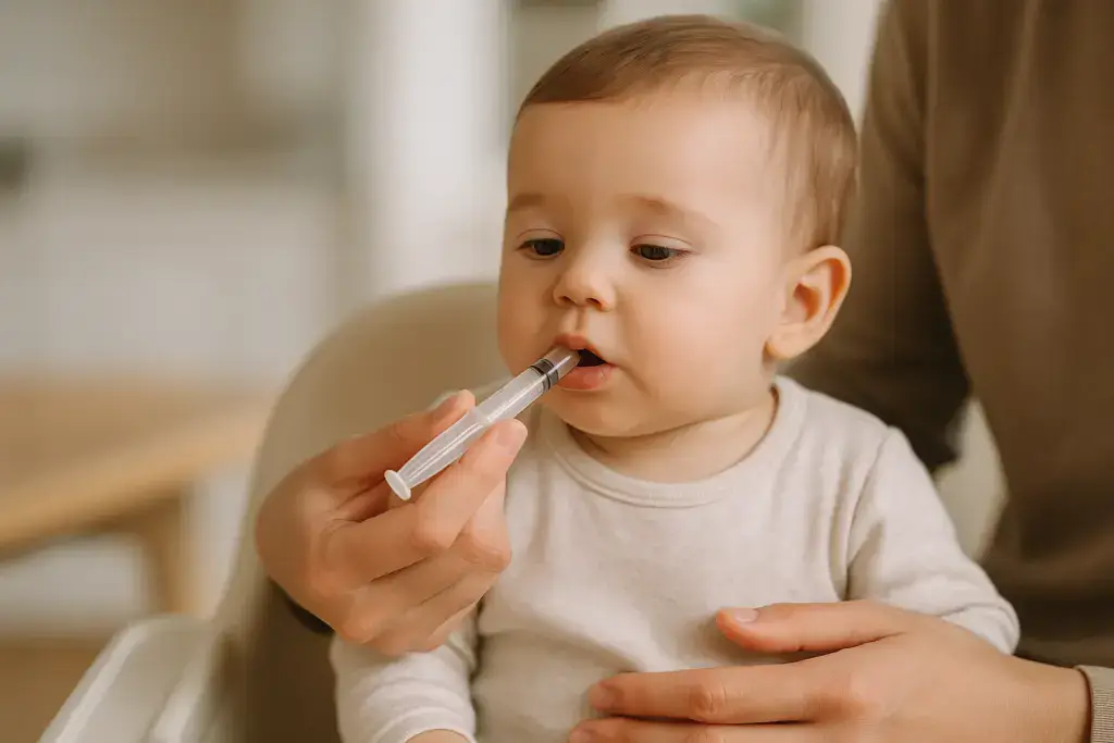 genitore che somministra un medicinale per il dolore dentale ai bambini