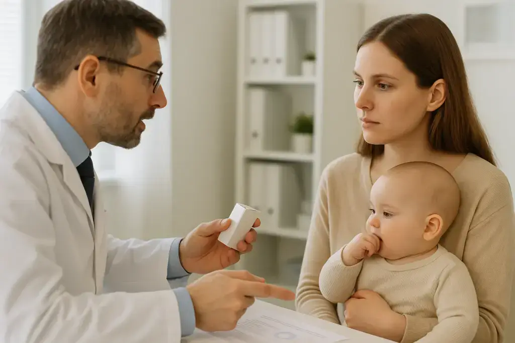 genitore che parla con un pediatra riguardo il medicinale per il dolore dentale nei bambini