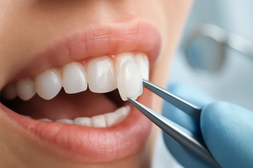 close-up dinți cu un dentist pun&acirc;nd o fațetă