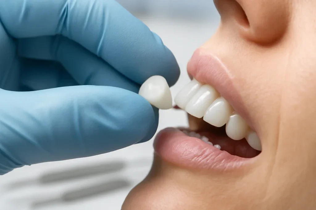 dentista colocando una carilla dental